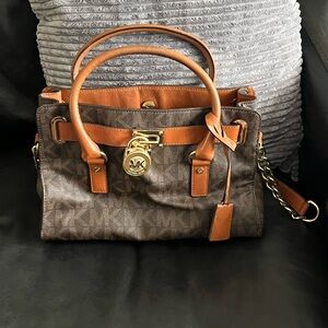 Michael Kors Hamilton Tote Handbag Purse Brown w Gold Accents